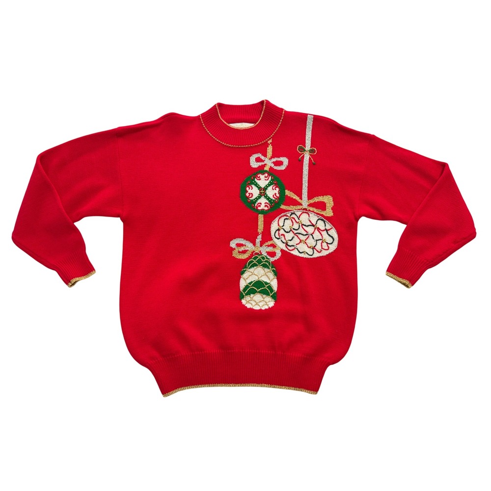 Vintage Dana Scott Christmas Sweater Women L Red Gold Ornament Gold Embroidery